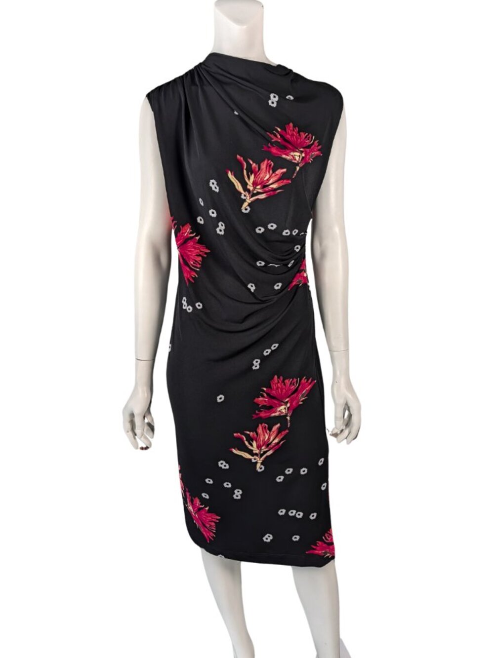 CLARA SUNWOO Black Midi Dress with Pink Floral Print